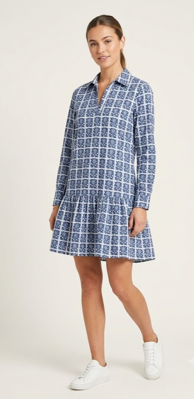 Addison Bay Poplin Cotton Athletic Peplum Dress Blue White Floral Small